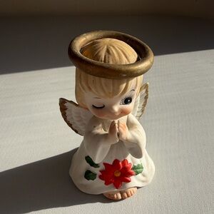Vintage Praying And Winking Angel With Halo Poinsettia George Good Tawain 1980s